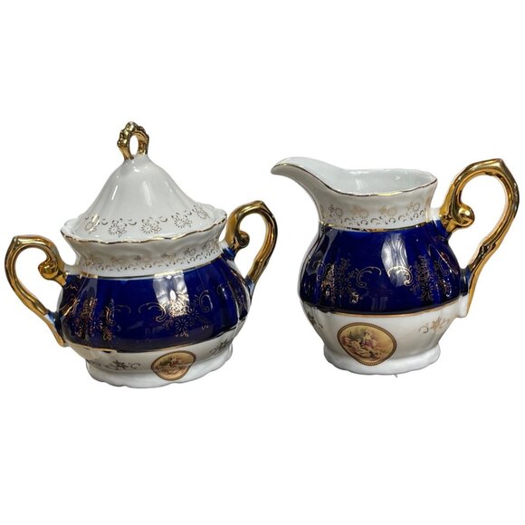 Vtg Italian Design Victorian Teapot Creamer Sugar Fine Porcelain Blue White Gold - Picture 4 of 12